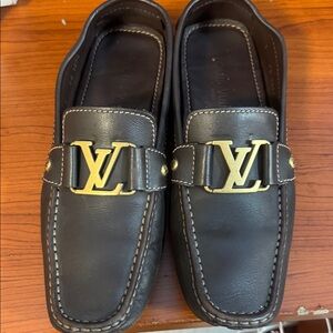 Louis Vuitton Brown Leather Slip-On Loafers with Gold LV Emblem
